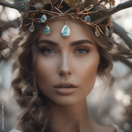 A portrait of a person with a crown of intertwined branches and gemstones, embodying their bond with nature2 photo