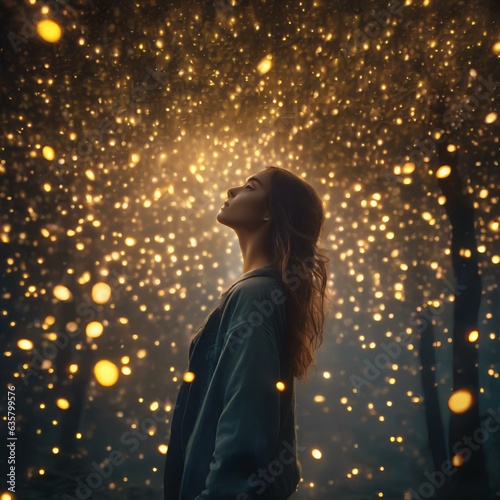 A portrait of a person with a cascade of swirling fireflies, infusing the scene with magical luminescence2