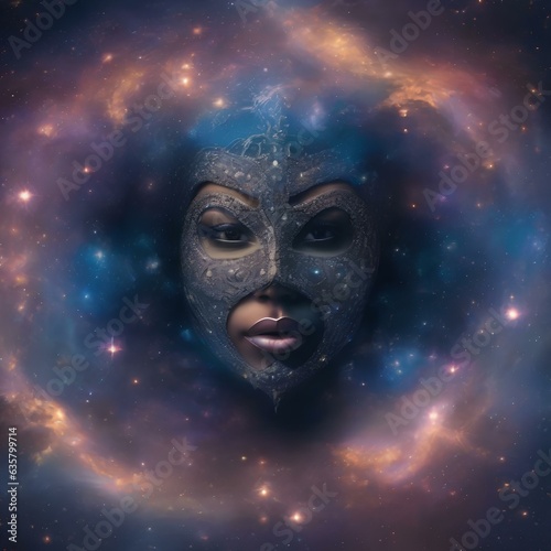 A portrait of a person with a mask made of swirling galaxies  hinting at their cosmic perspective1