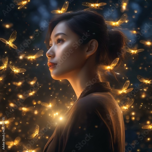 A portrait of a person with a cascade of swirling fireflies, infusing the scene with magical luminescence1