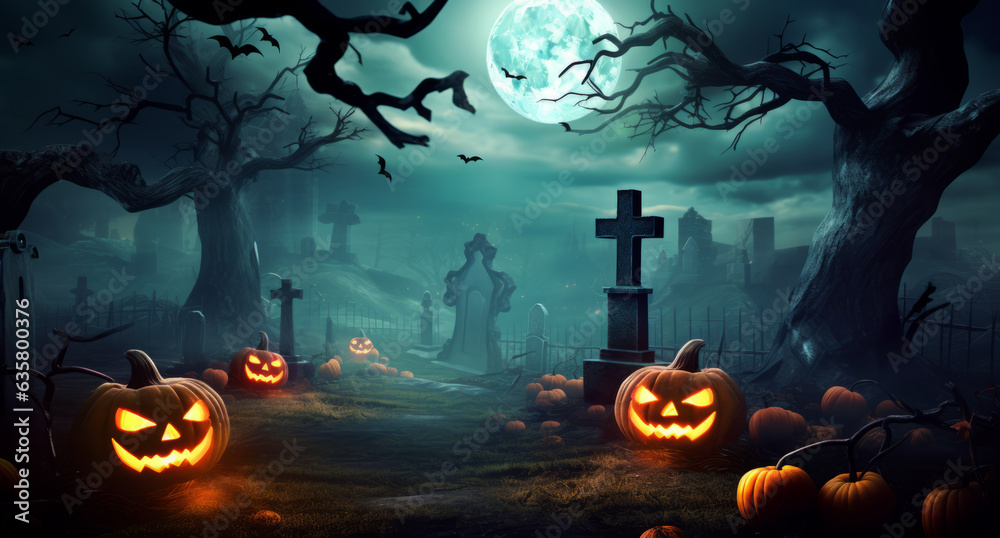 Fototapeta premium Jack O' Lanterns In Graveyard In The Spooky Night - Halloween Backdrop. Generative AI.