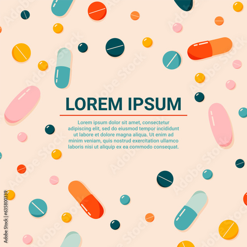 Colorful pills banner background. Trendy hand drawn medicaments on a beige background. Healthcare concept. Banner, card, poster, social media template. Modern vector illustration.
