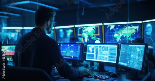 Cybersecurity expert analyzes code under neon-blue lights.