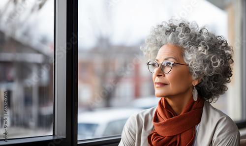 Lonely Pensive mature woman sit in living room look in distance window thinking of lonely life, thoughtful elderly female rest at home feel melancholic, miss old days, solitude concept