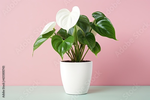 White heart shaped Anthurium plant in white pot, isolated on table with pink background, symbolizes hospitality.