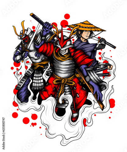 illustration design of three samurai knights ready to fight