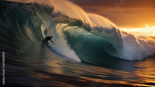 Photograph of a beautiful blond woman surfing a gigantic wave, elegant and graceful © Dushan