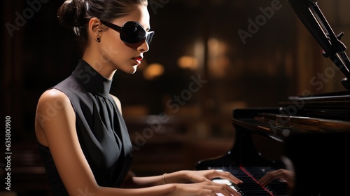 Beautiful blind girl musician with disabilities in dark glasses plays music on the piano by ear with inspiration