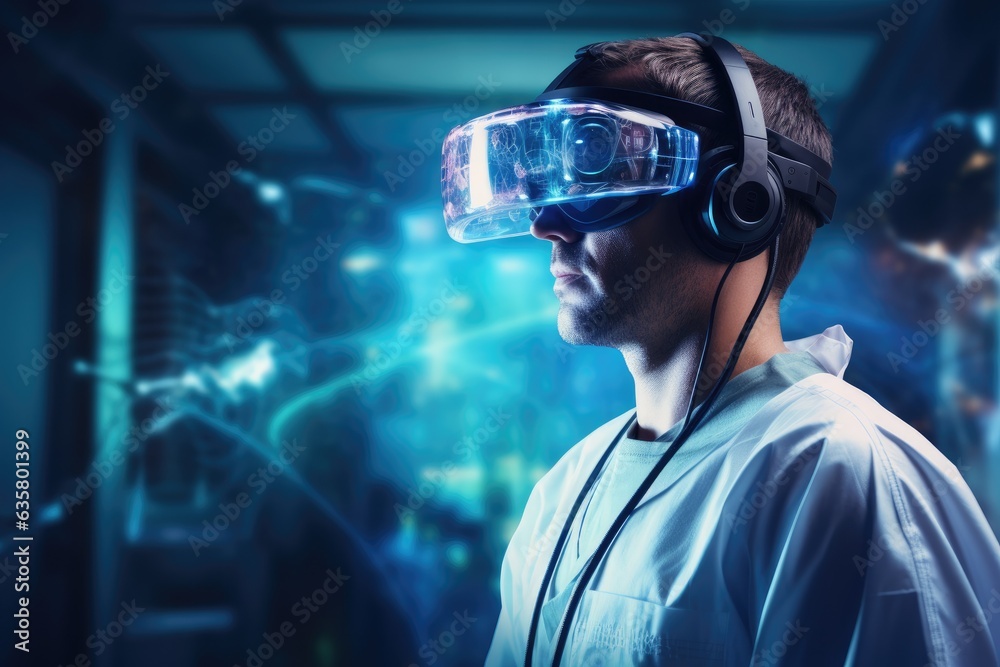 Man wearing virtual reality headset with hologram interface. VR goggles innovation technology. Generative AI Man wearing virtual reality headset with hologram interface. VR goggles innovation technology. Generative AI