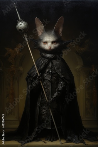 Portrait, Gloomy animal creature, Bat vampire monster, Black, Dark, Inquisitor. THE VAMPIRE INQUISITOR. 3D portrait of a bat inquisitor in pure 1500 Renaissance style. Black gloomy suit. Gray scepter.