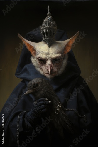 Portrait, Gloomy animal creature, Bat vampire monster, Black, Dark, Crow. THE ANIMAL VAMPIRE. A monster creature in Medieval style. Black uniform. A crow with chain in his clutches. Black crown.