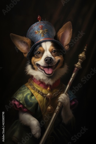 Dog, Jester, 1500 portrait, Minstrel, Tongue, Poster, Wallpaper, Reinassance, Medieval. MINSTREL DOGGY. Court jester doggy with cute paws, open mouth, blue hat showing his tongue. photo