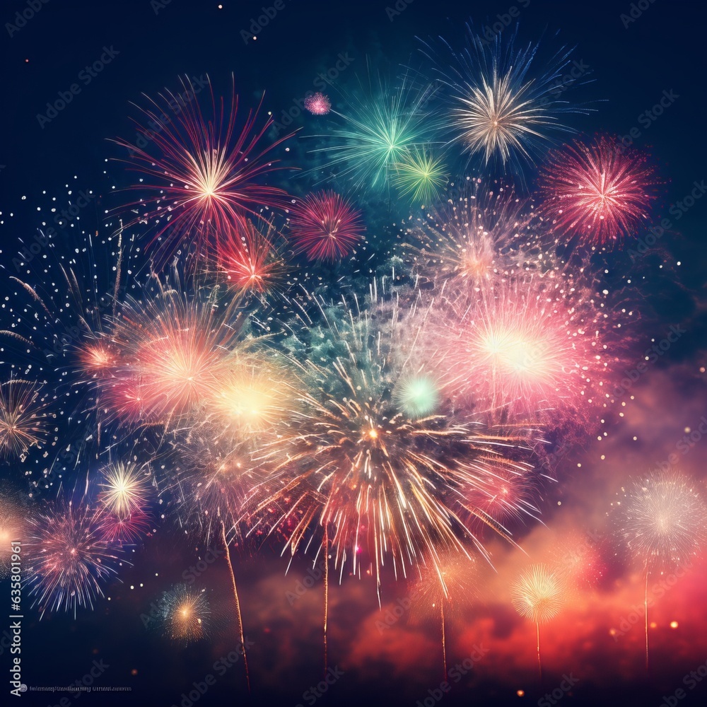 Fototapeta premium Generative AI of Festival fireworks banner frame. Abstract colorful firework display for holiday and celebrations in the starry night sky, Copy space for text, New Year holiday concept