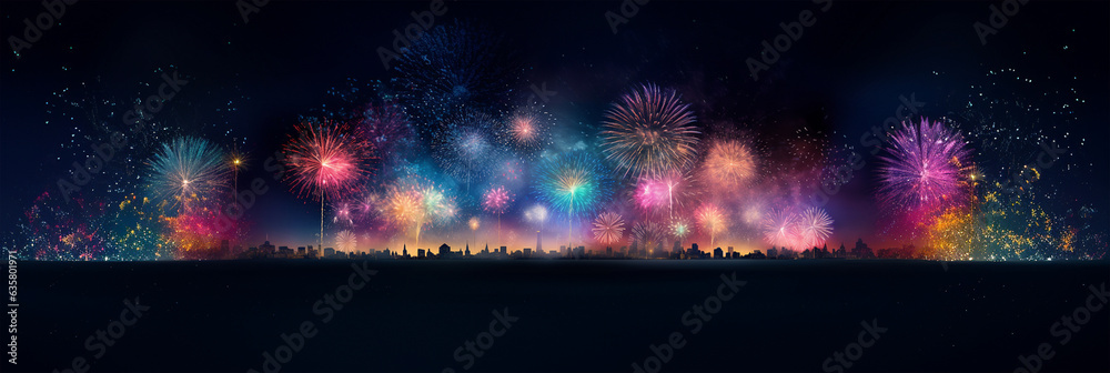 Generative AI of Festival fireworks display over the city at night scene. Abstract colorful firework display for holiday and celebrations in the starry night sky, Copy space for text. - obrazy, fototapety, plakaty 
