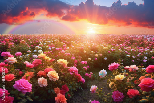 A colorful field of camelia flowers under a dramatic sky.