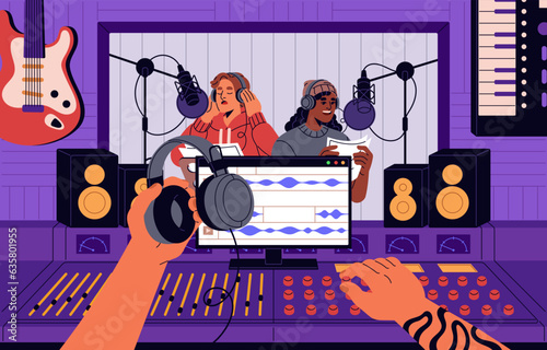 Music recording studio. Sound engineer at mixer console records song, voice at control room with equipment. Singer with microphone behind glass. Professional audio production. Flat vector illustration