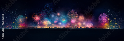 Generative AI of Festival fireworks display over the city at night scene. Abstract colorful firework display for holiday and celebrations in the starry night sky, Copy space for text.