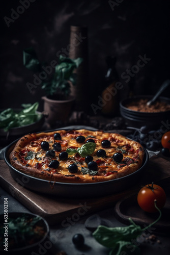 Tasty rustic pizza with black olives on a wooden cutting board placed on a table set with fresh basil, cherry tomatoes, oil, dramatic light, dark background, rustic setting