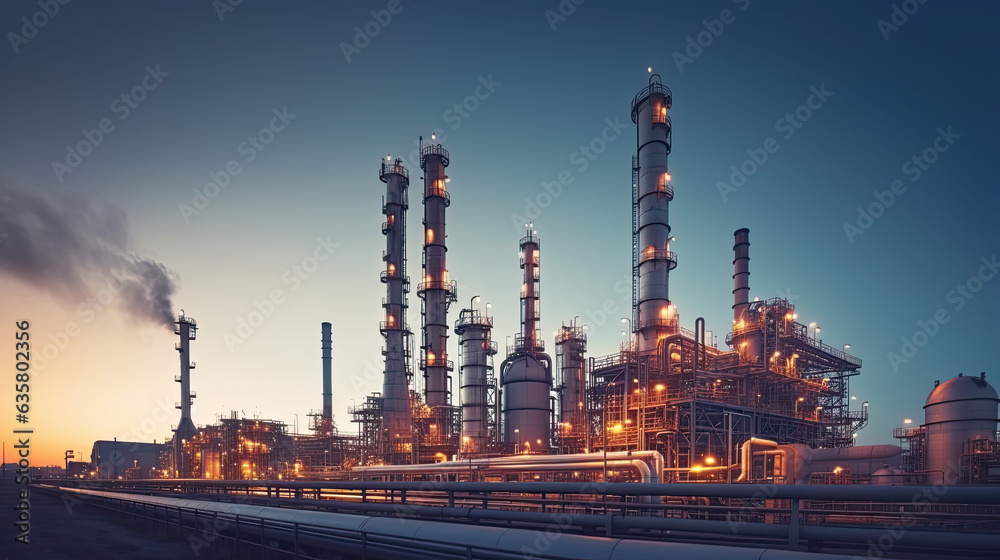 Oil refinery plant for crude oil industry on desert in evening twilight, energy industrial machine for petroleum gas production background, Generative AI