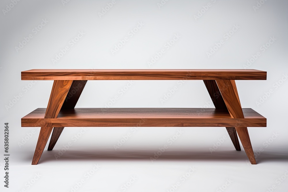 Front view of a white background table crafted from brown wood specifically made for TVs. Front view of a white background table crafted from brown wood specifically made for TVs.