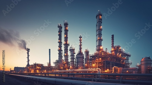 Oil refinery plant for crude oil industry on desert in evening twilight, energy industrial machine for petroleum gas production background, Generative AI
