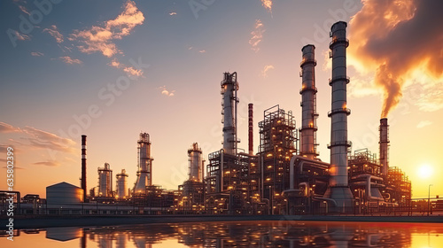 Oil refinery plant for crude oil industry on desert in evening twilight, energy industrial machine for petroleum gas production background, Generative AI