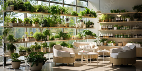 Modern eco-cafe with hydroponic microgreen growing systems, dining tables and chairs. Generative AI photo