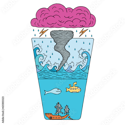 A storm in a glass of water. A major fuss over a trivial matter. Hand Drawn. Freehand drawing. Doodle. Sketch. Outline.