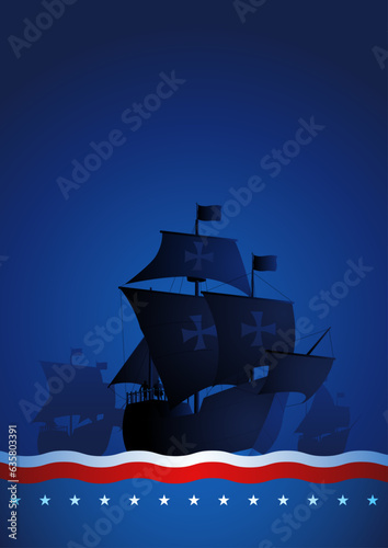 Columbus ship, La Santa Maria, Pinta and Nina sailing across the vast ocean on blue background. It symbolises historical exploration and the spirit to discover new world