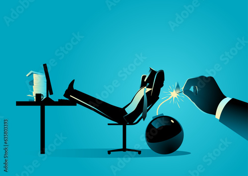 Businessman sits relaxed in his chair, oblivious to the hand igniting a bomb behind him. It's a representation of interplay of trust and vulnerability within professional relationships
