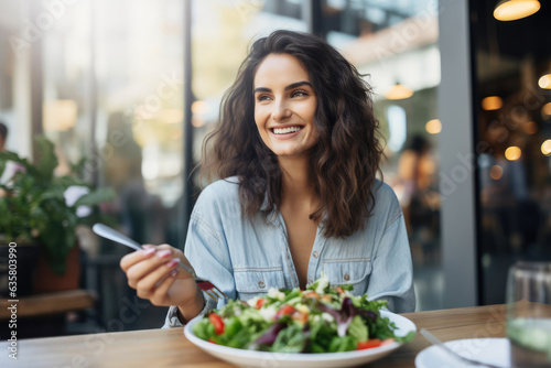 Young woman enjoying a salad with fresh vegetables on her lunch break - AI Generated
