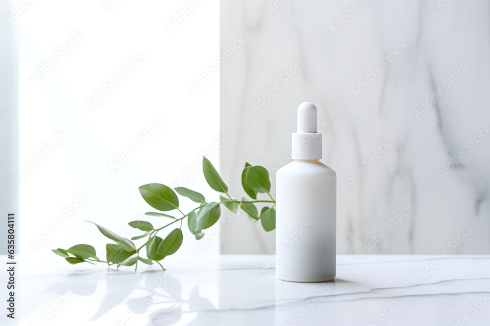 white cosmetic bottle with green leaf, minimalist clean design white cosmetic bottle with green leaf, minimalist clean design