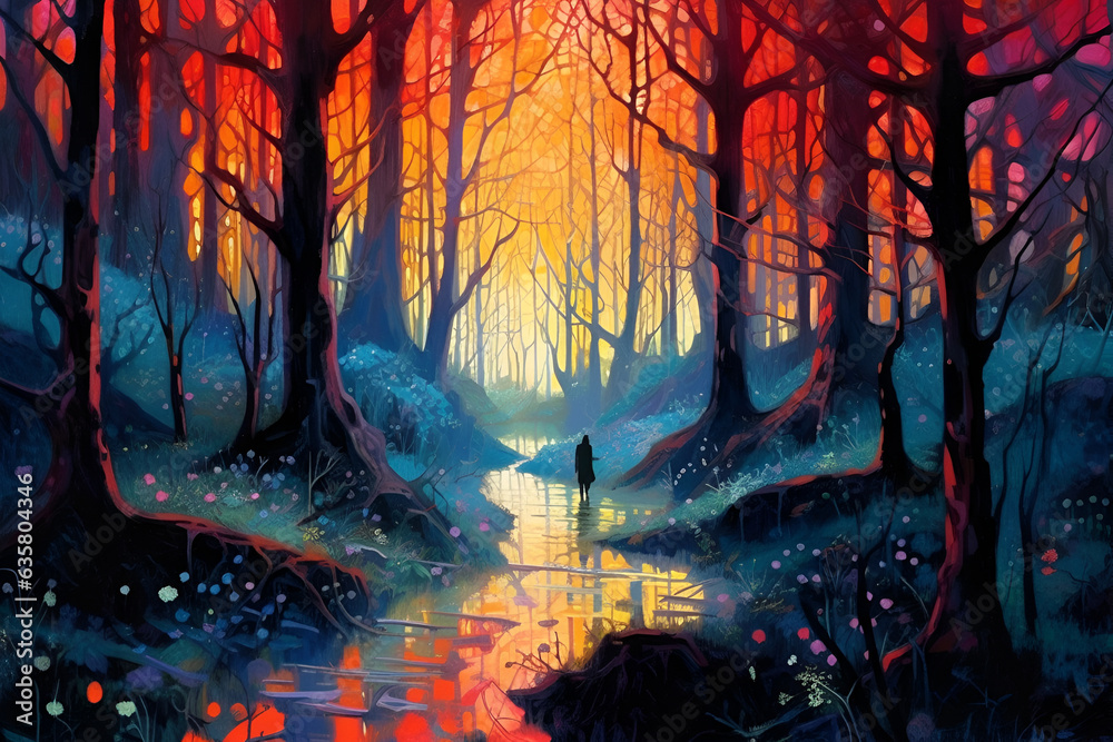 Mysterious forest and silhouette of man. Loneliness in the big world. Care for mental health. Fantastic landscape with forest and river. Illustration generated AI.