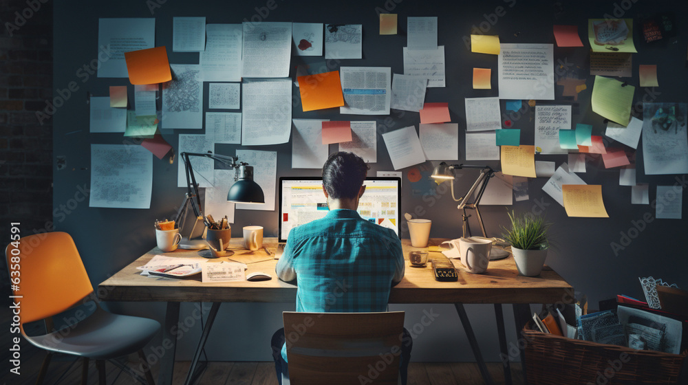 Person seated at cluttered table, engrossed in meticulously planning ...