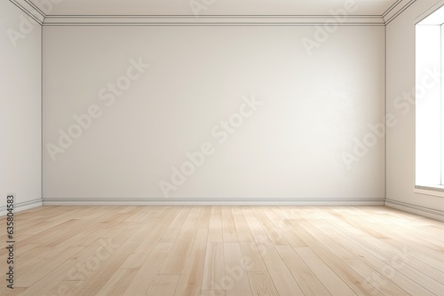 Empty modern room with wooden floor and plain white wall, rendered in 3D. © 2rogan