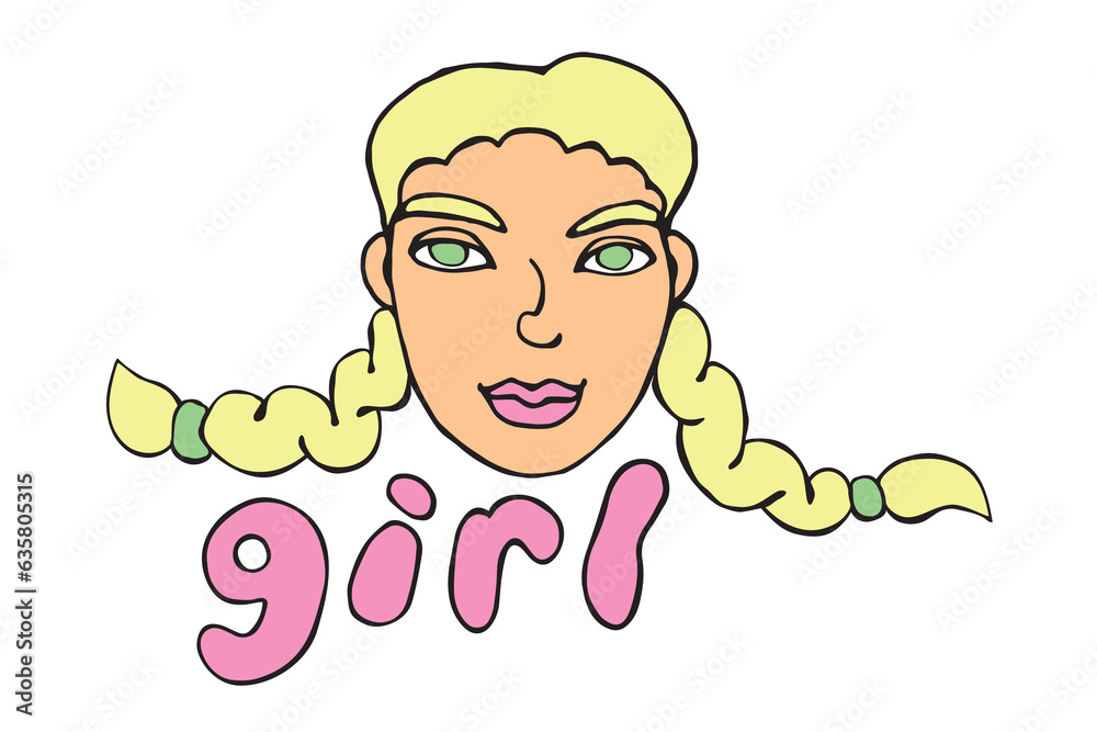 Hand drawn girl head with two braids, face kid in cartoon doodle flat
