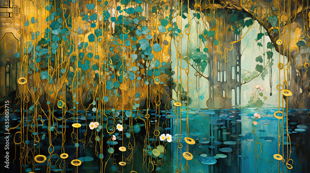 Beautiful nature scene with reflection on the water and a spot of sunlight shining through the hanging branches. High resolution panoramic wall art in art nouveau style. - obrazy, fototapety, plakaty 