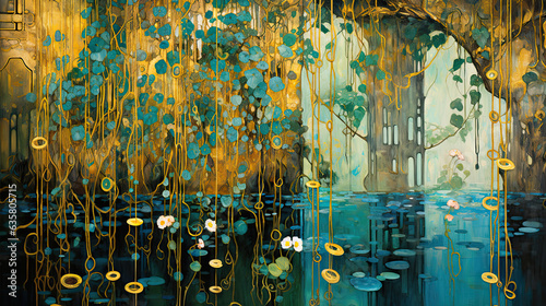Beautiful nature scene with reflection on the water and a spot of sunlight shining through the hanging branches. High resolution panoramic wall art in art nouveau style.