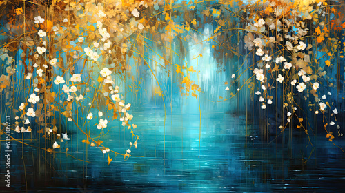 Beautiful nature scene with reflection on the blue pond and a spot of sunlight shining through the hanging branches. High resolution panoramic wall art.