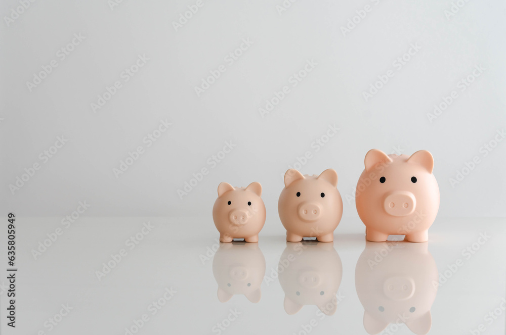 The Piggy banks show money saving and deposits for investments to get profit and dividend concept on a white background. The Piggy banks show money saving and deposits for investments to get profit and dividend concept on a white background.