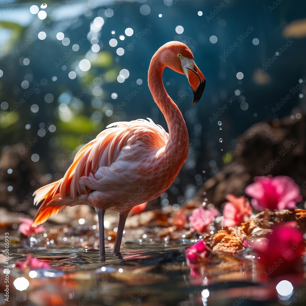 Fototapeta premium Pink flamingo in the water among plastic bottles and garbage. concept: birds and pollution of nature and water bodies. Illustration for the call for environmental protection. 