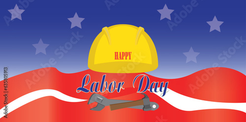 labor day icon, helmet hammer and wrench on united states flag background