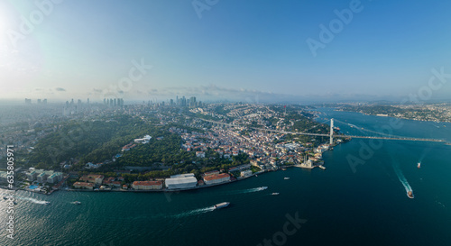 Istanbul panorama photo, Turkey. Grand Mecidiye Mosque, Istanbul Canal, Bosphoros canal. Cityscape in Background. Drone Point of View.