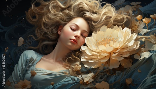Tender young girl with closed eyes in white flowers near her face, beautiful woman in trendy flowers style. Made in AI
