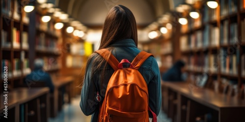 Rear reiw female international student with backpack, standing near bookshelves at university library or book store during break between lessons. Education concept, generative ai