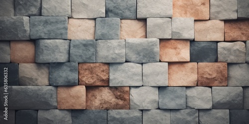 A rock stone wall building facade structure with brown and grey cut rock bricks, Minimalistic elegant textural background wallpaper, generative ai