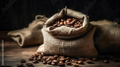 Linen bag, coarse cloth. Roasted coffee beans, closeup. Generative AI technology.