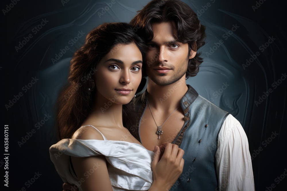 A Romantic Portrait of a Couple in Renaissance Dress - sepia-toned image with a dark background.. A fictional character Created By Generated AI. A Romantic Portrait of a Couple in Renaissance Dress - sepia-toned image with a dark background.. A fictional character Created By Generated AI.