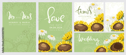 Wedding invitations for late summer or fall. Set of vector backgrounds with sunflowers and chamomile. Handwritten calligraphy title.