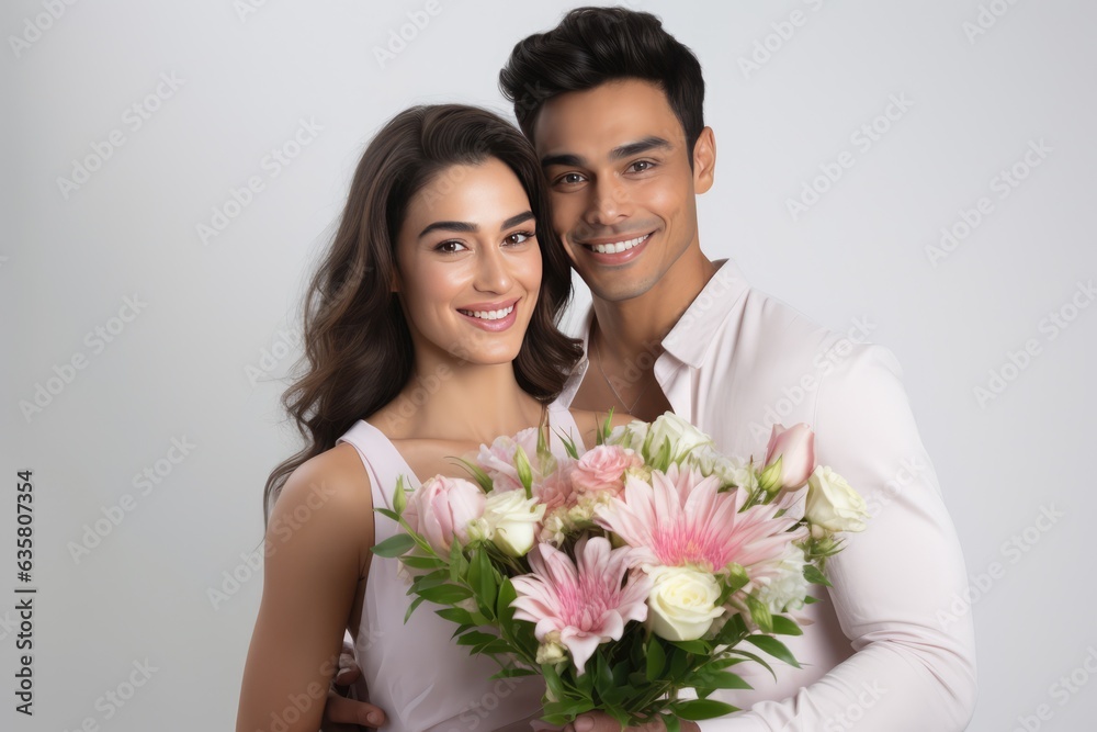 A happy couple posing with a bouquet of flowers.. A fictional character Created By Generated AI. A happy couple posing with a bouquet of flowers.. A fictional character Created By Generated AI.